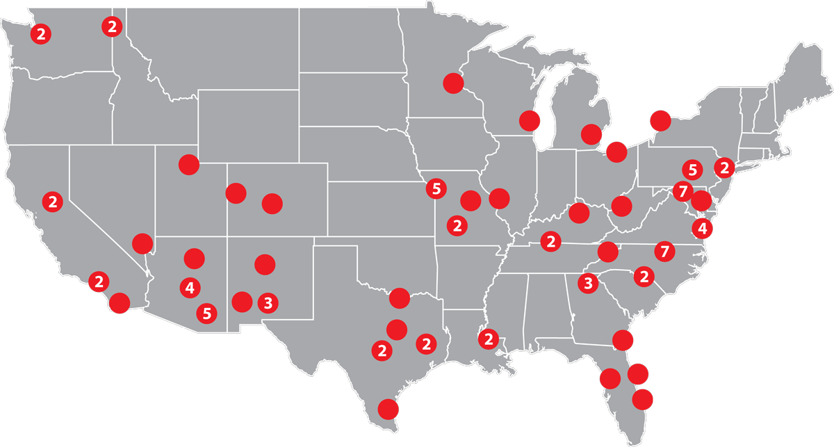 map of U.S.A. showing locations where Occupied Flooring Services has worked